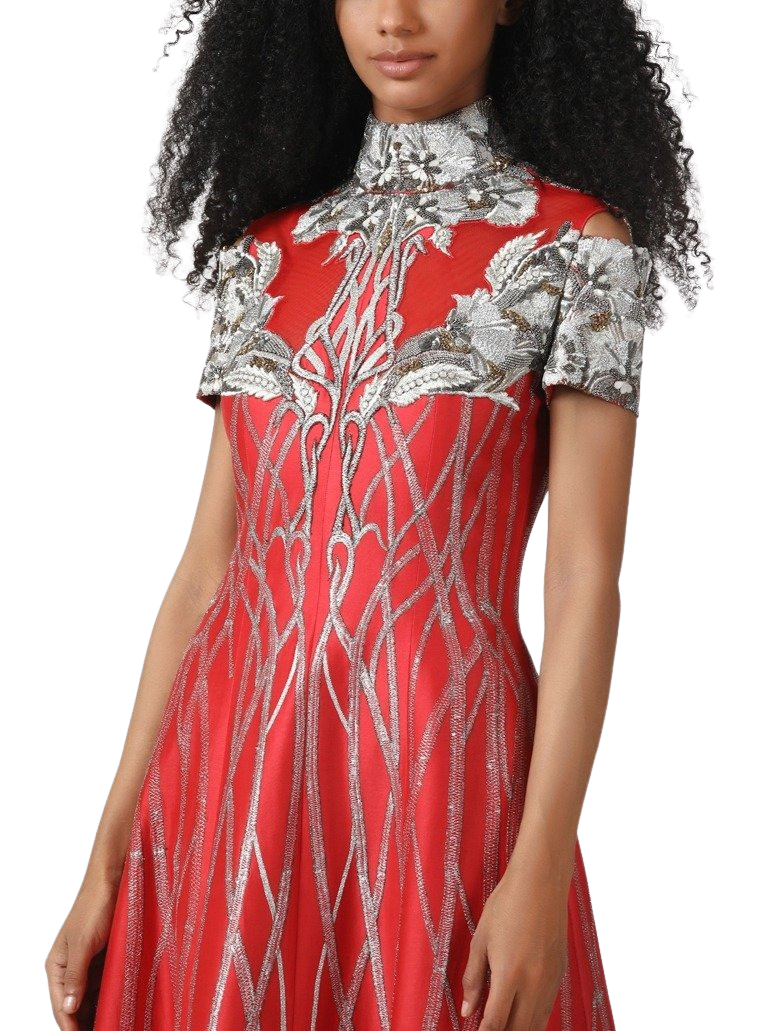 High Neck Silver & Red Tea Length Gown - Preserve
