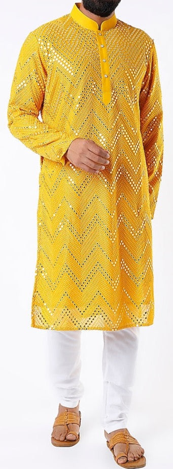 Mens Deep Yellow Kurta with Mirrored Embroidery - Preserve