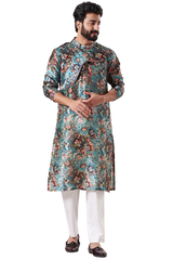 Mens Blue Based Floral Printed Kurta Set with Red Stitching - Preserve