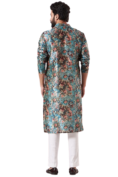 Mens Blue Based Floral Printed Kurta Set with Red Stitching - Preserve
