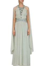 Light Sage Green Winged Sleeves Belted Gown - Preserve