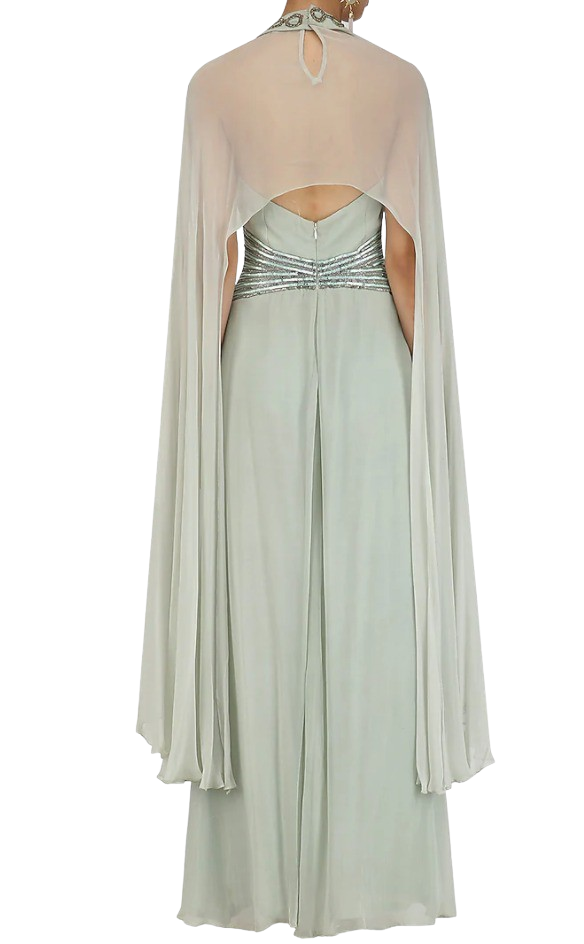 Light Sage Green Winged Sleeves Belted Gown: Sample Sale - Preserve