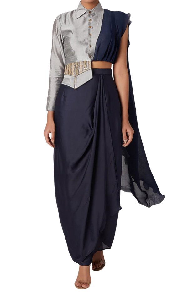 Midnight Blue Drape Skirt with Silver Military Blouse - Preserve