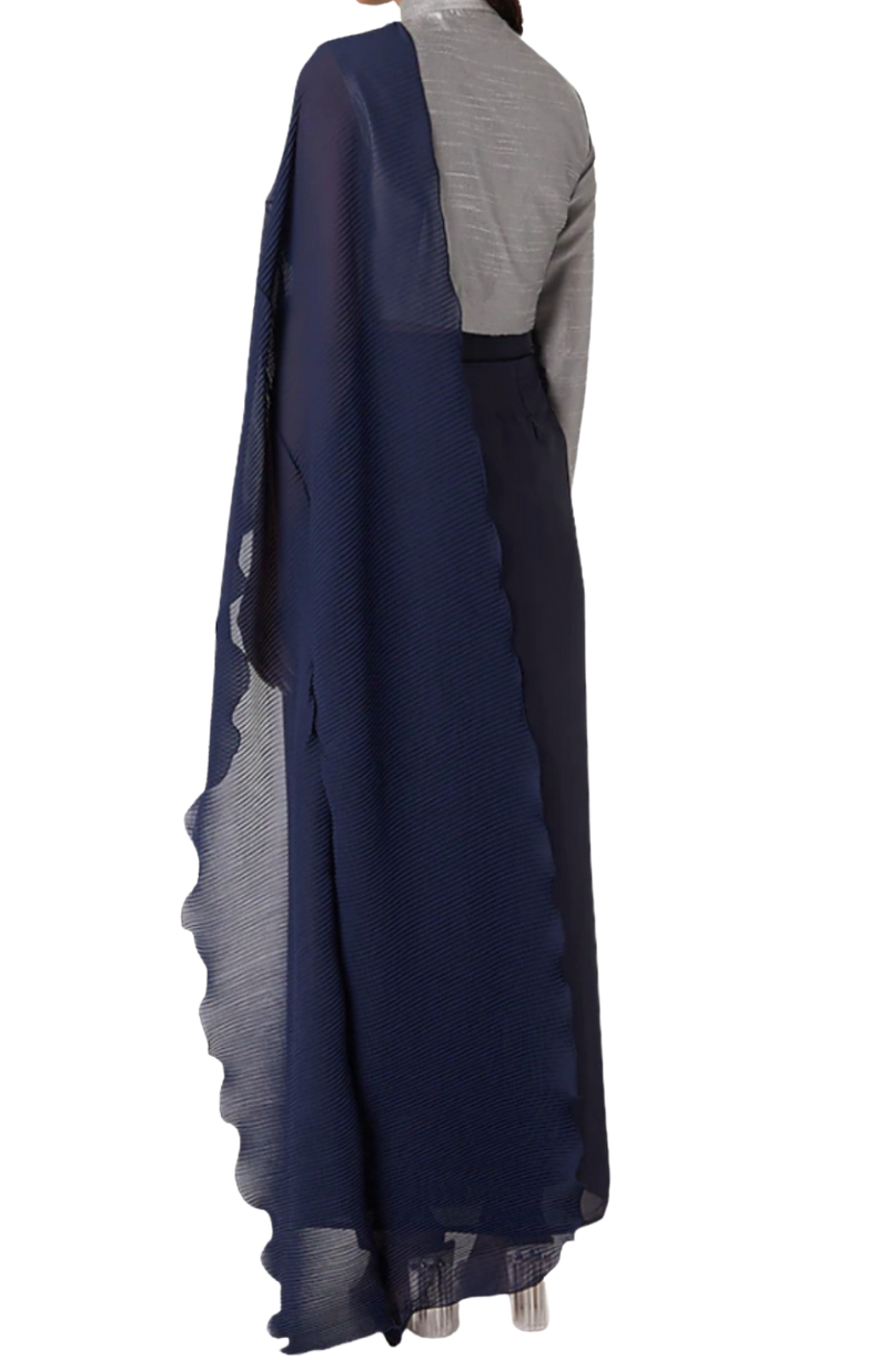 Midnight Blue Drape Skirt with Silver Military Blouse - Preserve