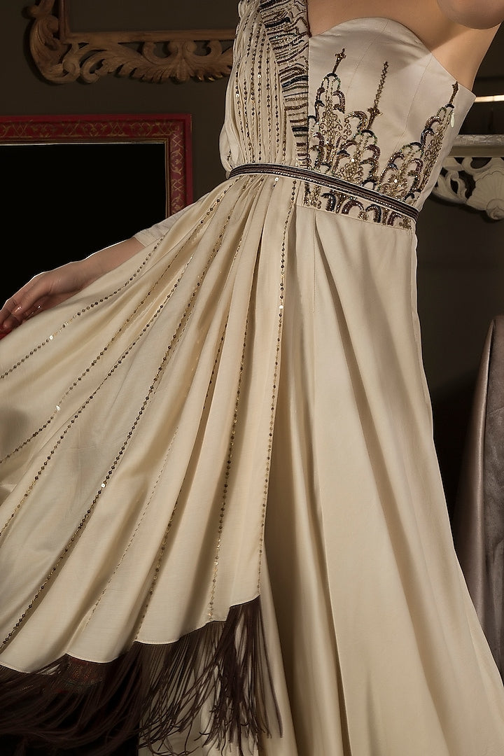 Ivory Embroidered Gown with Fringe - Preserve