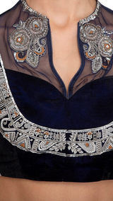 Navy Embroidered Blouse with Velvet Lehenga & Belt - Preserve