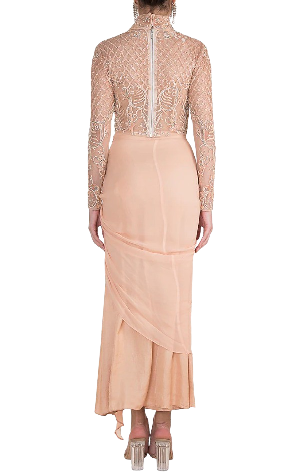 Peach Embroidered Blouse With Knotted Skirt - Preserve