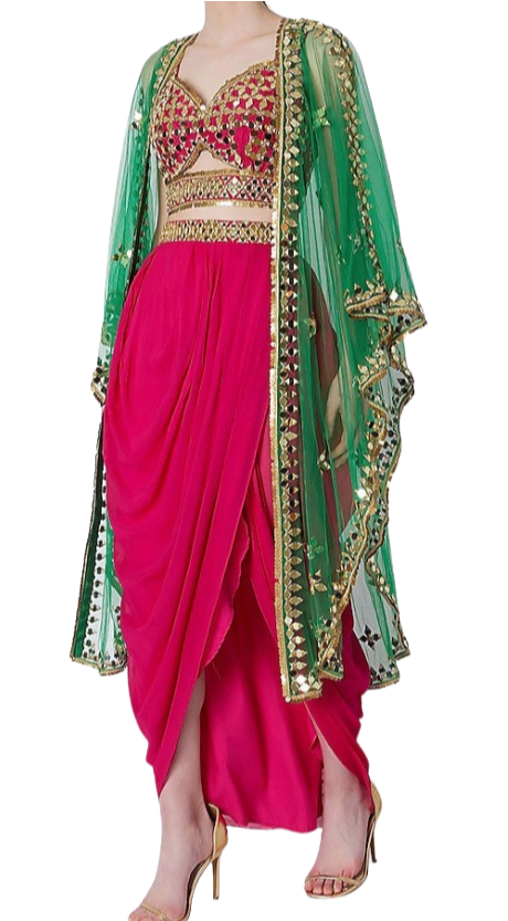 Pink & Green Mirrored Dhoti Set - Preserve