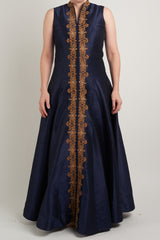 Navy Raw Silk Gold Embroidered Anarkali: Sample Sale - Preserve