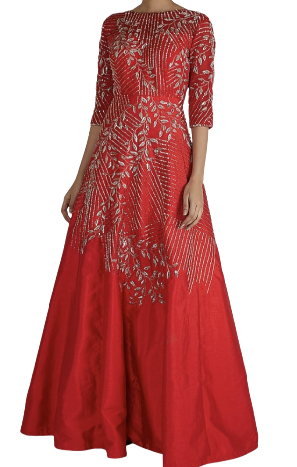 Red Silver Silk Beaded Gown - Preserve
