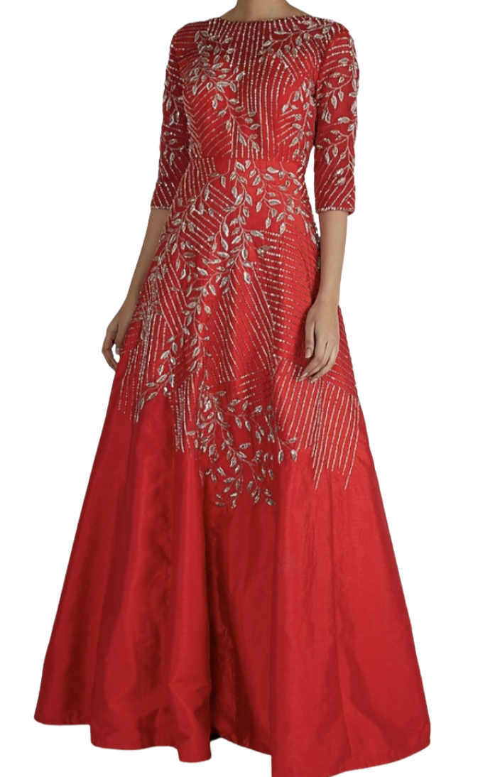 Red Silver Silk Beaded Gown - Preserve
