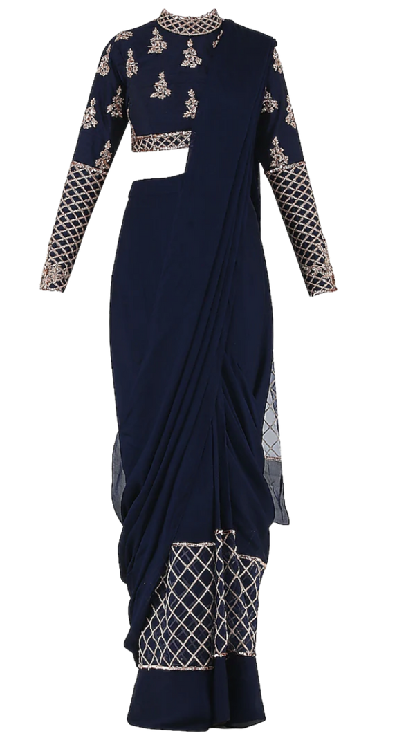 Rose Gold Beaded & Navy Pre-Draped Sari - Preserve