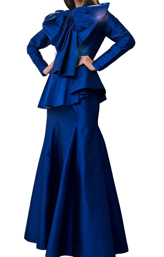 Royal Blue Peplum Gown With Bow - Preserve