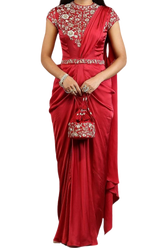 Ruby Red Floral Embellished Pre-Stitched Sari Gown - Preserve