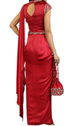 Ruby Red Floral Embellished Pre-Stitched Sari Gown - Preserve