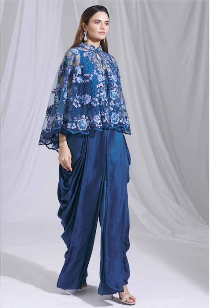 Blue Draped Jumpsuit with Lace Cape: Sample Sale - Preserve