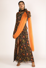 Charcoal Brown Floral Printed Skirt Set - Preserve