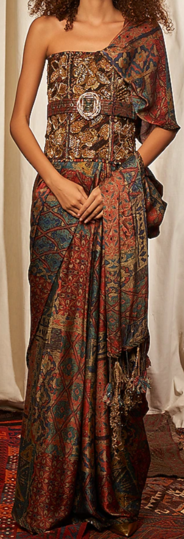 Tapestry Printed Pre-Draped Tasseled Sari with Baroque Corset