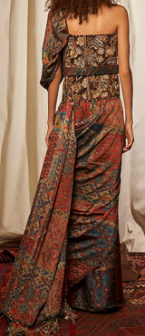 Tapestry Printed Pre-Draped Tasseled Sari with Baroque Corset