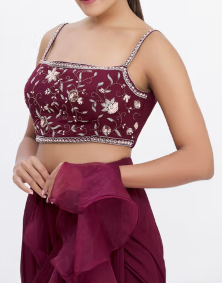 Maroon Ruffle Draped Sari Set