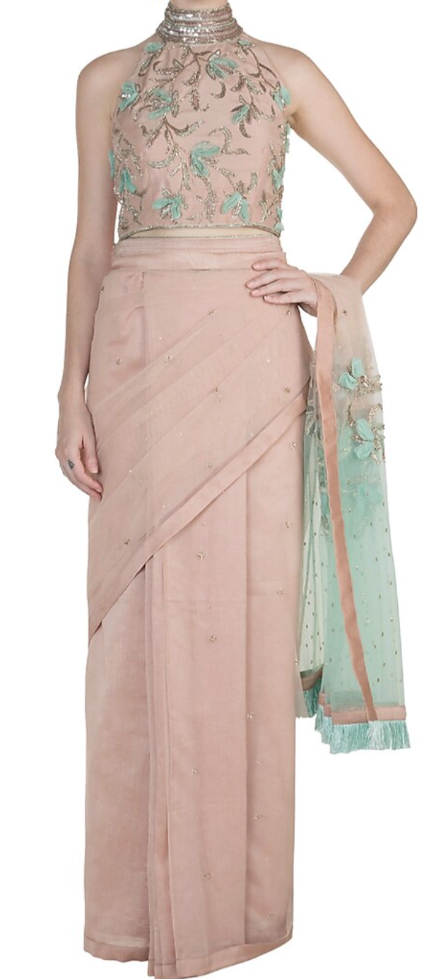 Nude & Mint Embroidered Sari Set