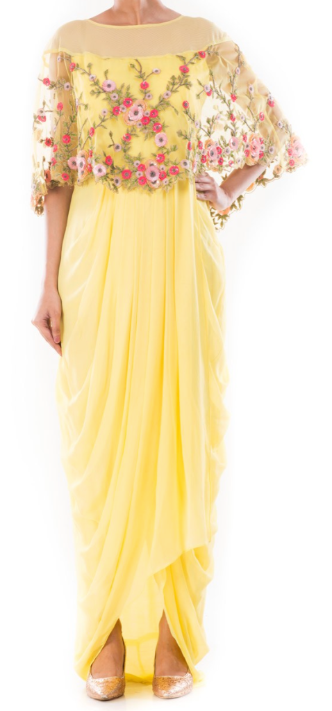 Yellow Georgette Net Gown with Attached Cape
