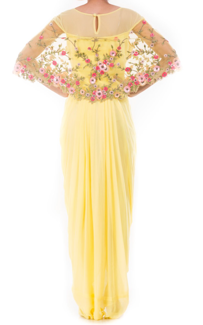 Yellow Georgette Net Gown with Attached Cape