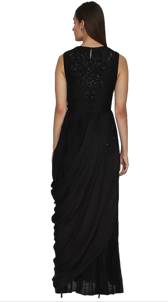 Sequinned Embroidered Black Draped Dress - Preserve