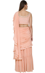 Peach Ruffle Pre-Draped Sharara Sari - Preserve