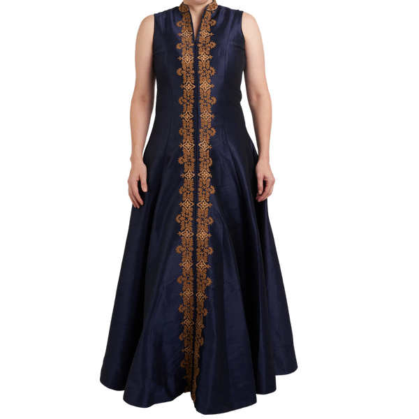 Navy Raw Silk Gold Embroidered Anarkali: Sample Sale - Preserve