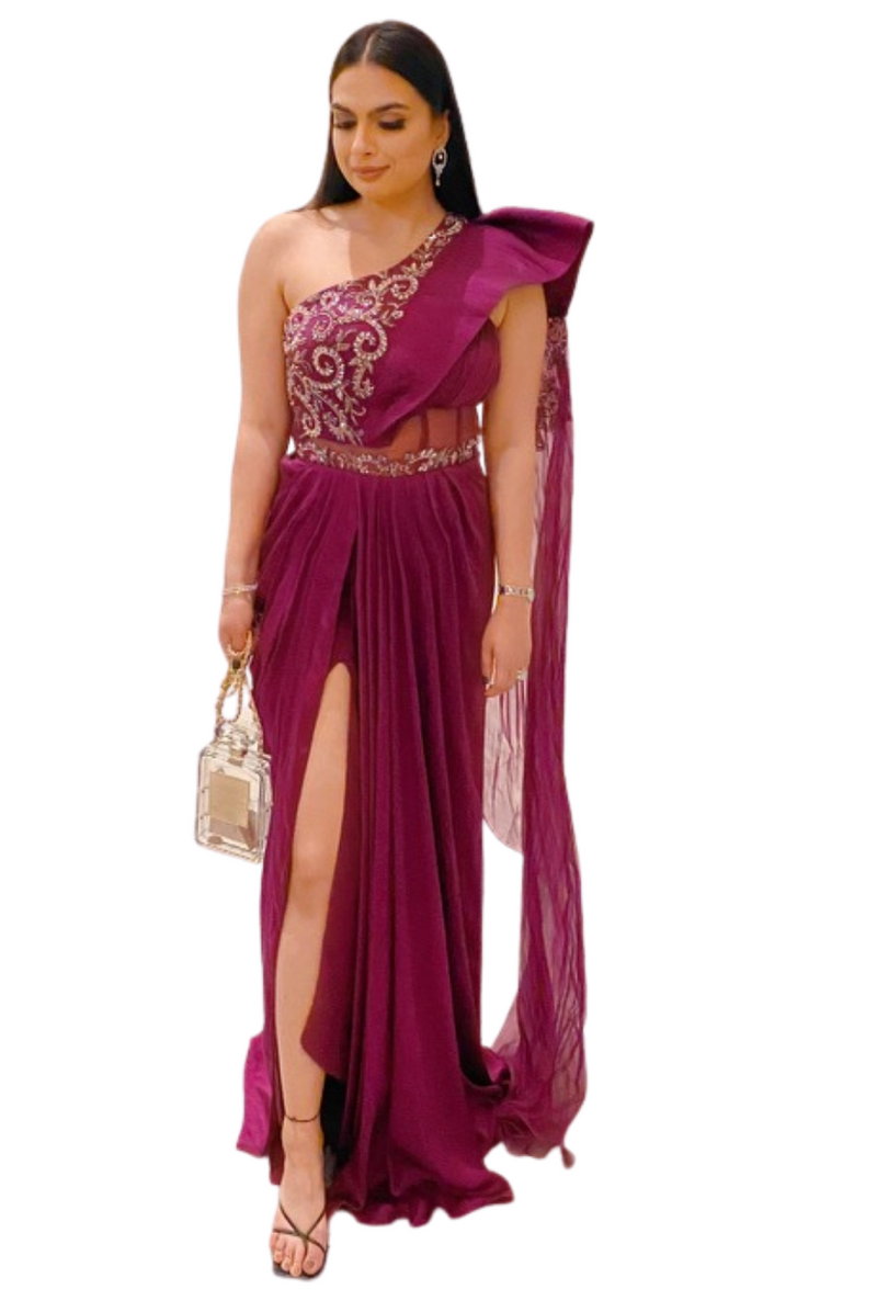 Plum Embellished Sari Gown - Preserve