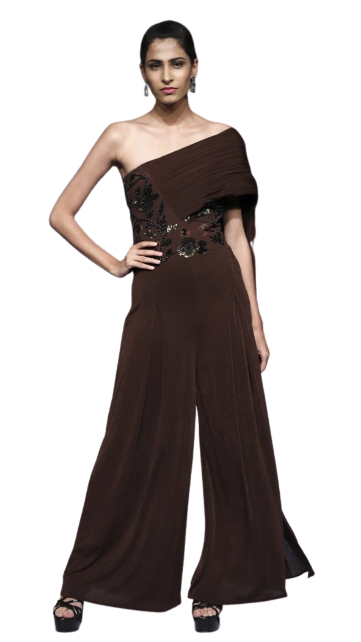 Chocolate Embellished Draped Cape Jumpsuit - Preserve