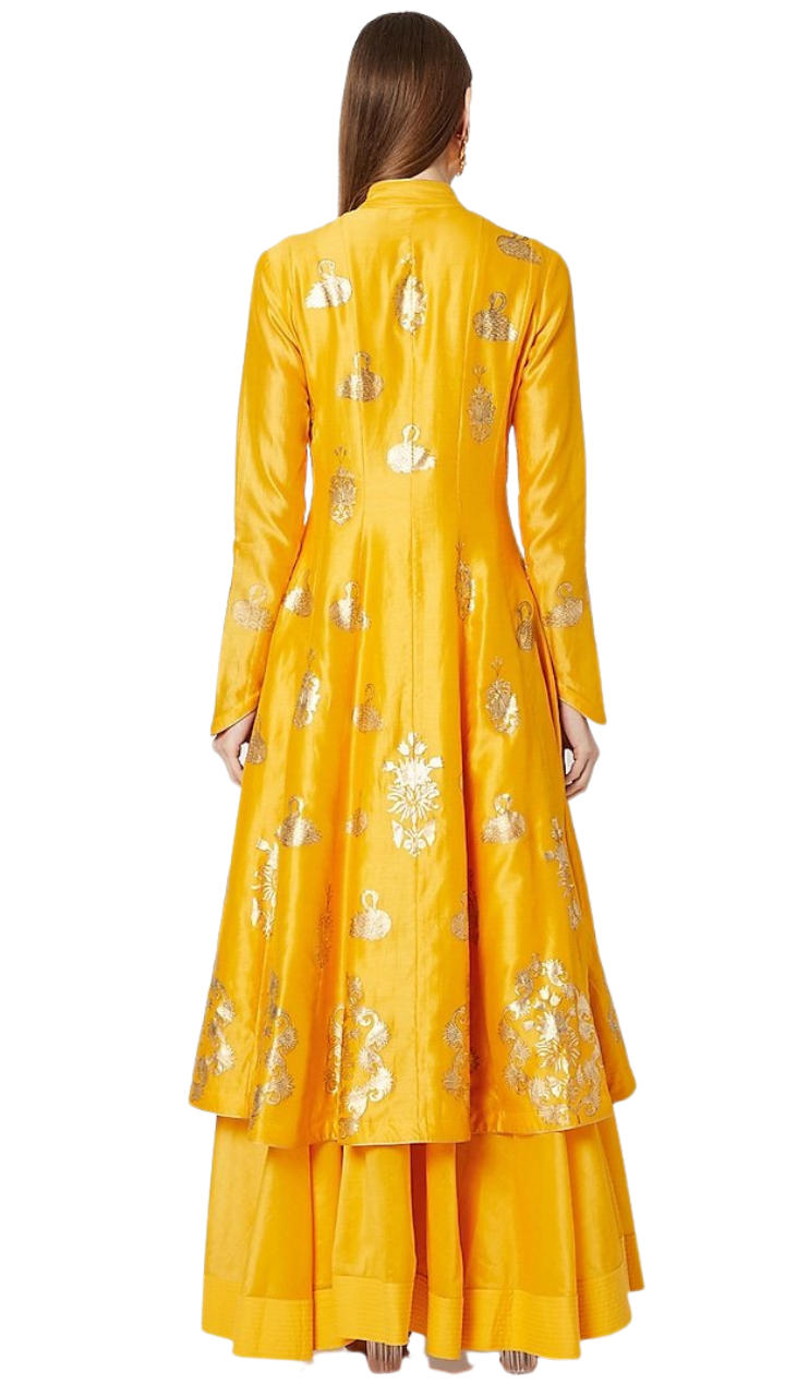 Gold and Yellow Swan Foil Print Kurta with Skirt - Preserve