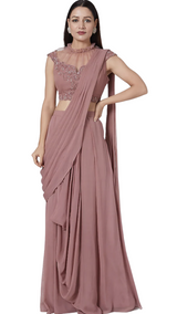 Mauve Embroidered Pre-Draped Sari - Preserve