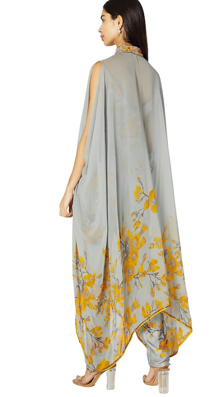 Grey and Yellow Printed Embroidered Cape Set - Preserve