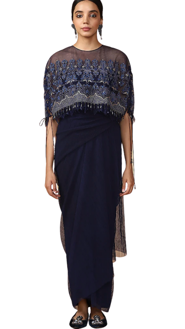 Navy Blue Embroidered Cape with Dhoti Skirt - Preserve