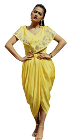 Yellow Collar Floral Dabka Drape Gown - Preserve