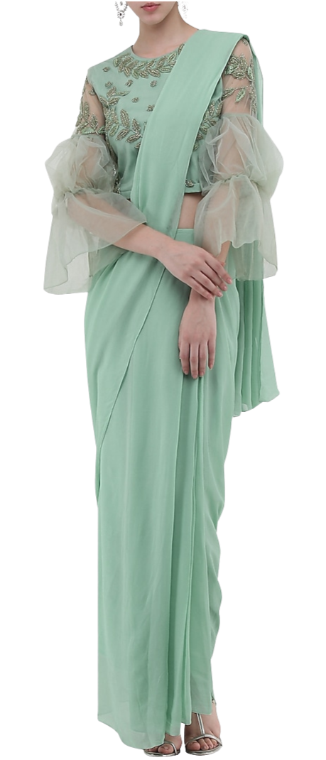 Mint Puff Sleeve Pre-Draped Sari - Preserve