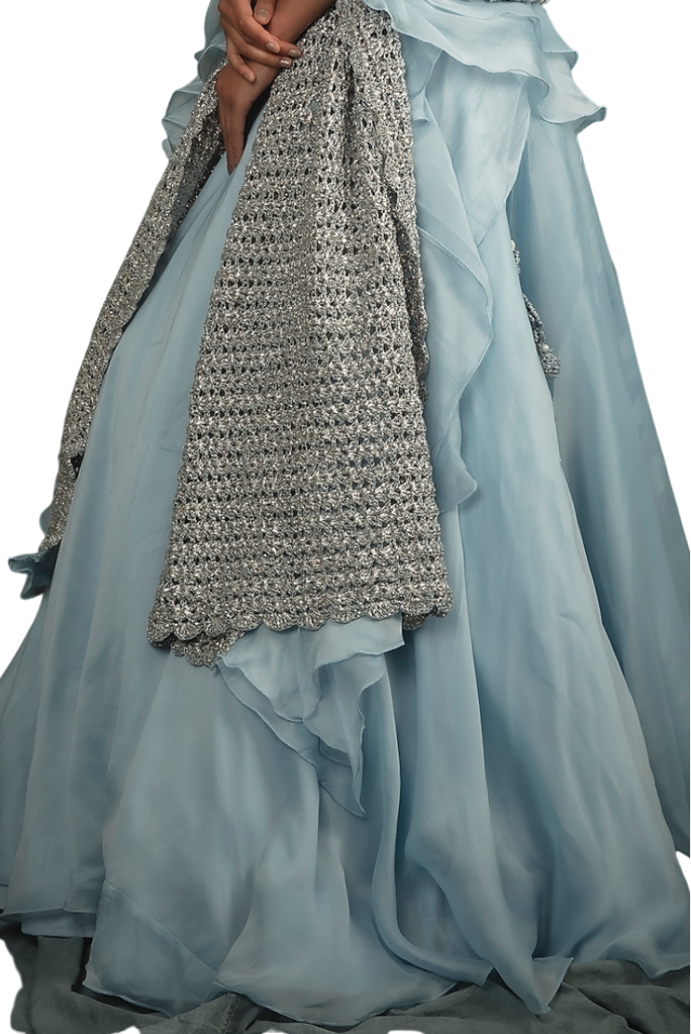 Baby Blue Beaded Lehenga with Hand Knitted Dupatta - Preserve