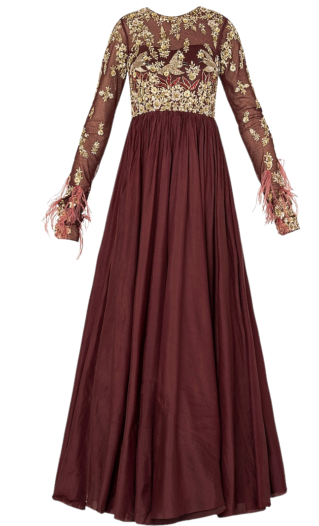 Deep Maroon Beaded & Feathered Anarkali Gown - Preserve
