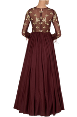 Deep Maroon Beaded & Feathered Anarkali Gown - Preserve