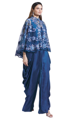 Blue Draped Jumpsuit with Lace Cape: Sample Sale - Preserve