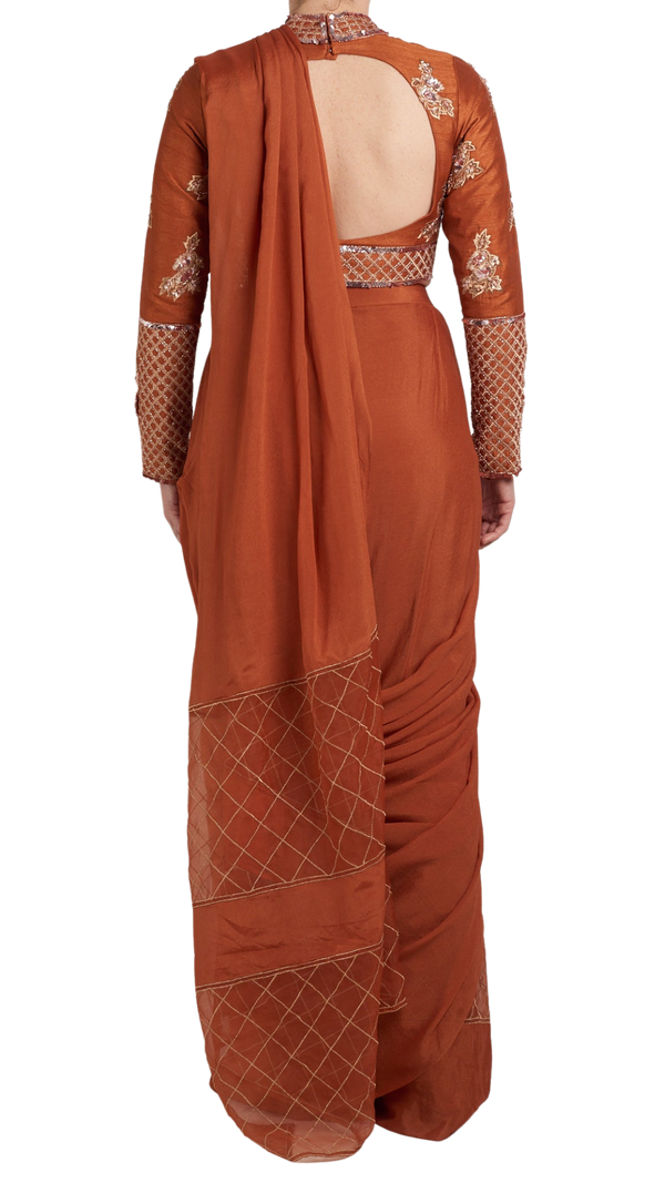 Rose Gold Beaded Pre-Draped Sari - Preserve