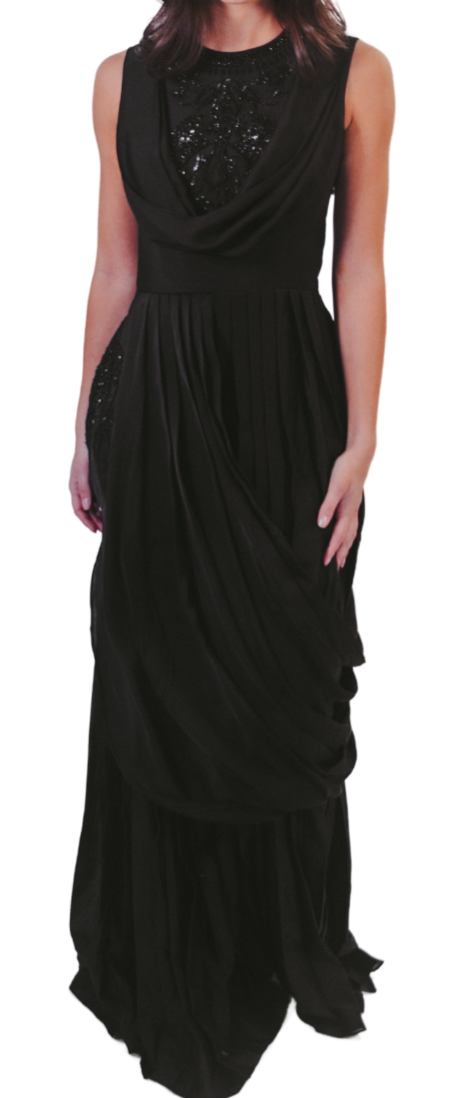 Sequinned Embroidered Black Draped Dress - Preserve