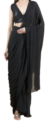 Sequined Pre-Draped Black Sari