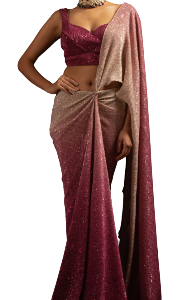 Ombre Blush Pink and Wine Shimmering Pre-Draped Sari - Preserve