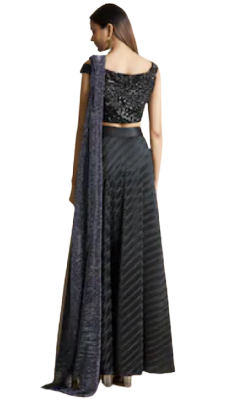 Beaded Black & Navy Pre-Draped Skirt Sari - Preserve