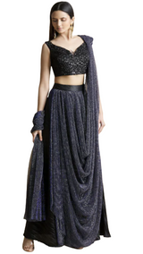 Beaded Black & Navy Pre-Draped Skirt Sari - Preserve