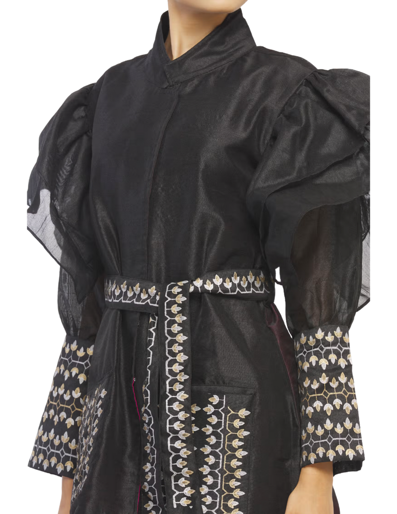 Black Ruffle Jacket with Hand Block Print