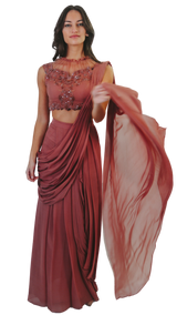 Mauve Embroidered Pre-Draped Sari - Preserve